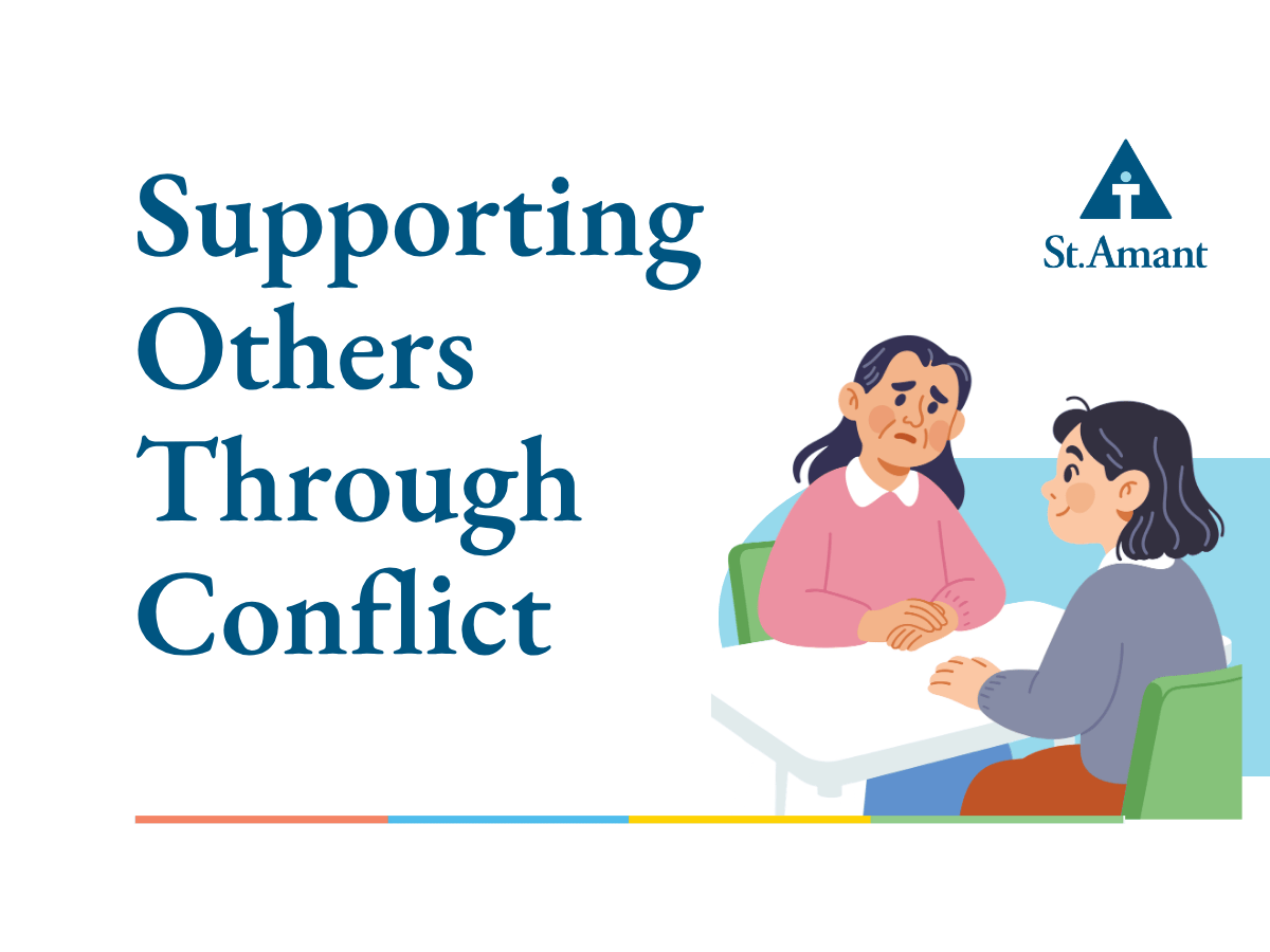 "Supporting Others Through Conflict" displayed beside a cartoon of two people sitting at a desk. St.Amant logo displayed above