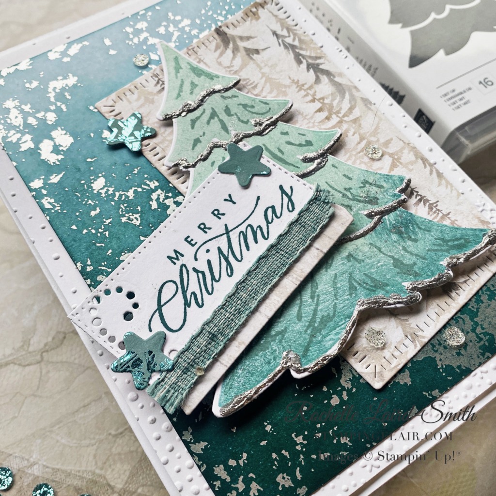 New at su blog hop, September 2023, Shine Shimmer Glow, Snowflake Magic Specialty DSP, Stampin' Up!, Merriest Trees, Christmas card, cardmaking, One Horse Open Sleigh DSP, How to change the colour of Designer Series Paper, How to Heat emboss with liquid glue