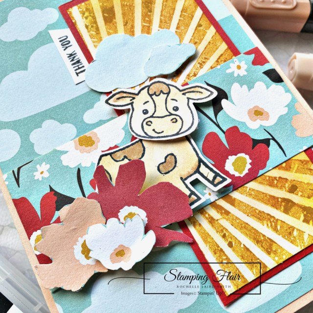 New at SU Blog Hop, 2024 January, 2024 Sale-A-Bration, Sunny Days DSP, Cutest Cows, Rays of Light stamp set, Stampin' Up!, Farm card