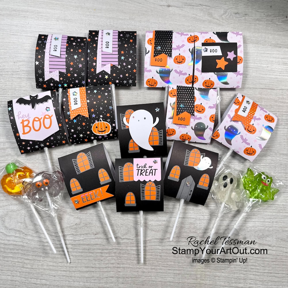 Make 60 Halloween treat wraps or 40 Halloween cards with the contents of the Sweet & Spooky Kits Collection kit, some festive lollipops, extra sentiments from the Choose Happy & Fright Night Stamp Sets, and a bit of other Stampin’ Up!® tools & product. Access measurements, a how-to video with tips and tricks, other close-up photos, and links to all the products I used in my 8/30/25 blog post. - Stampin’ Up!® - Stamp Your Art Out! www.stampyourartout.com #stampyourartout #stampinup