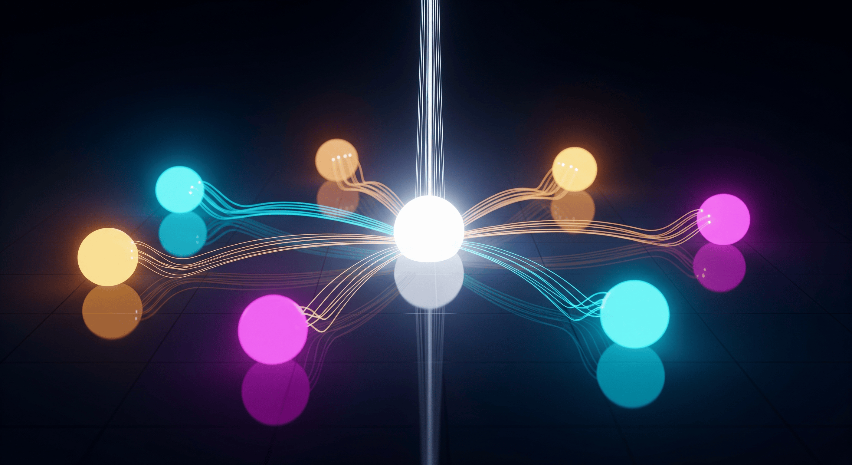 Abstract neon render of multiple glowing colored nodes connected by flowing light threads converging into a single radiant central core, representing many products unified into one AI-native platform.