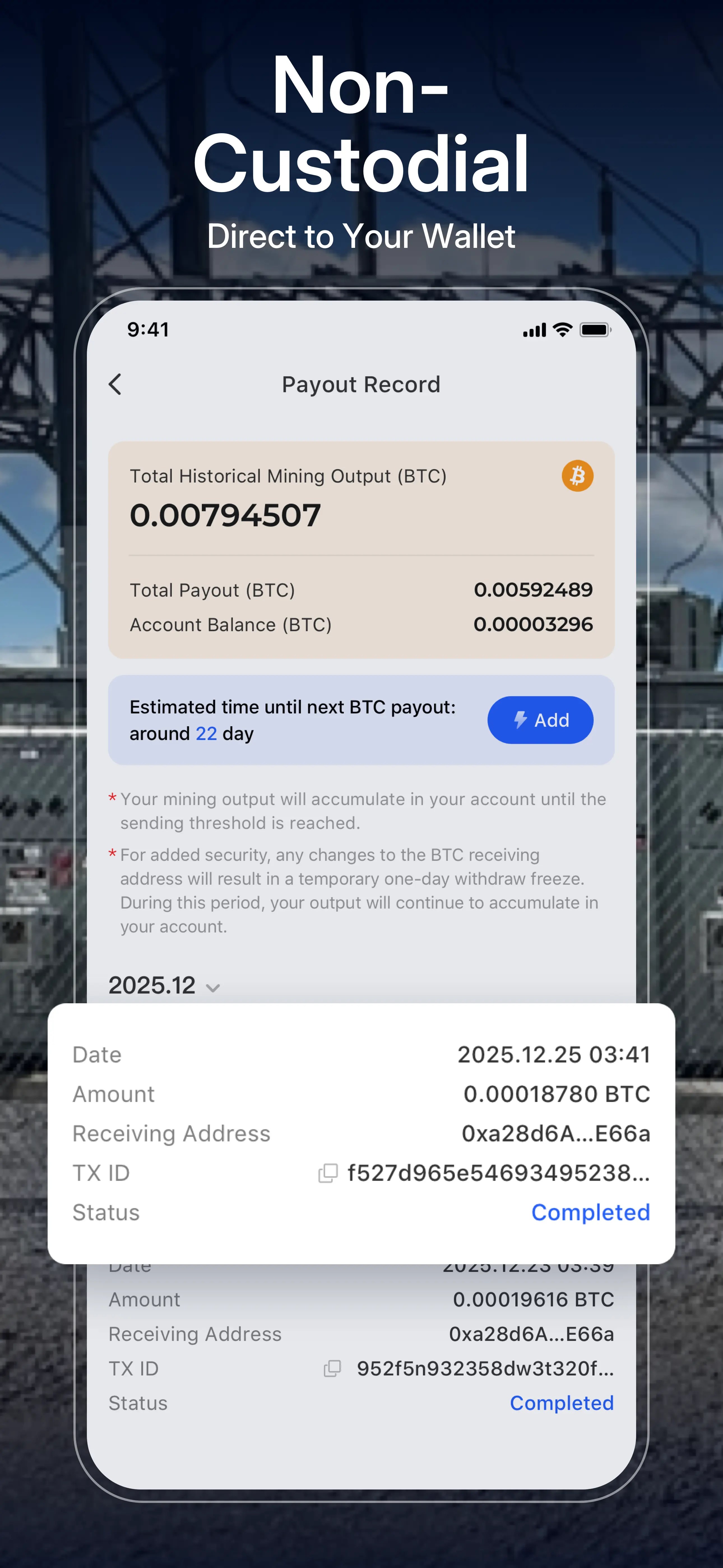 Non-custodial crypto mining payout records