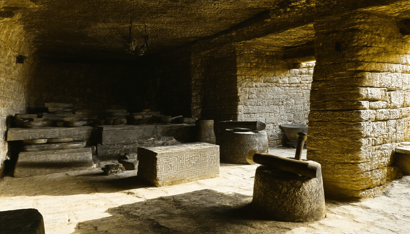 A sunlit ancient stone workshop in a rugged valley. heavy iron anvils and wooden mallets rest on weathered slabs bearing deep, repeated indentations. faint unreadable runic symbols adorn the walls. a resilient wildflower emerges from a stone fissure. photorealistic, national geographic documentary style.