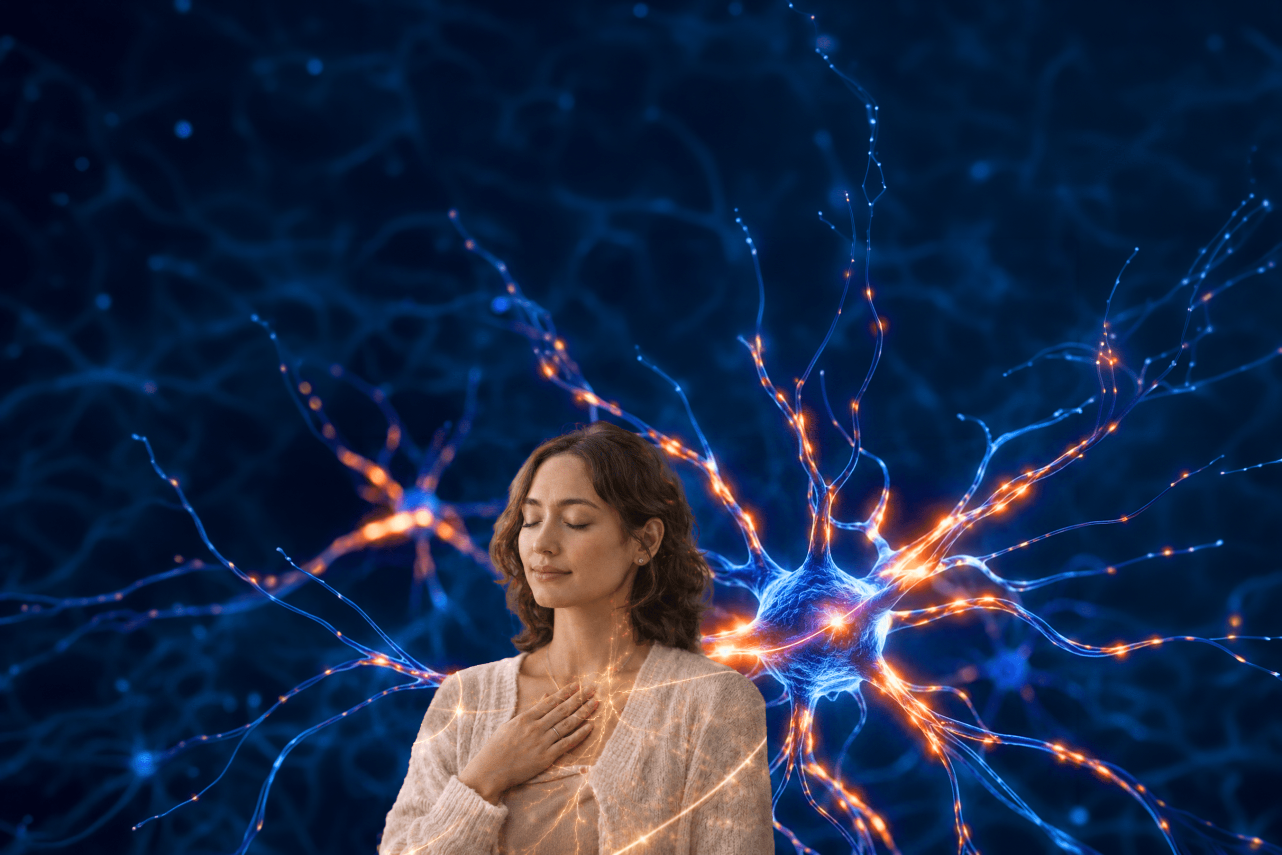 Woman breathing calmly with her eyes closed and hand over her heart, surrounded by glowing blue and orange nerve cells representing nervous system regulation.