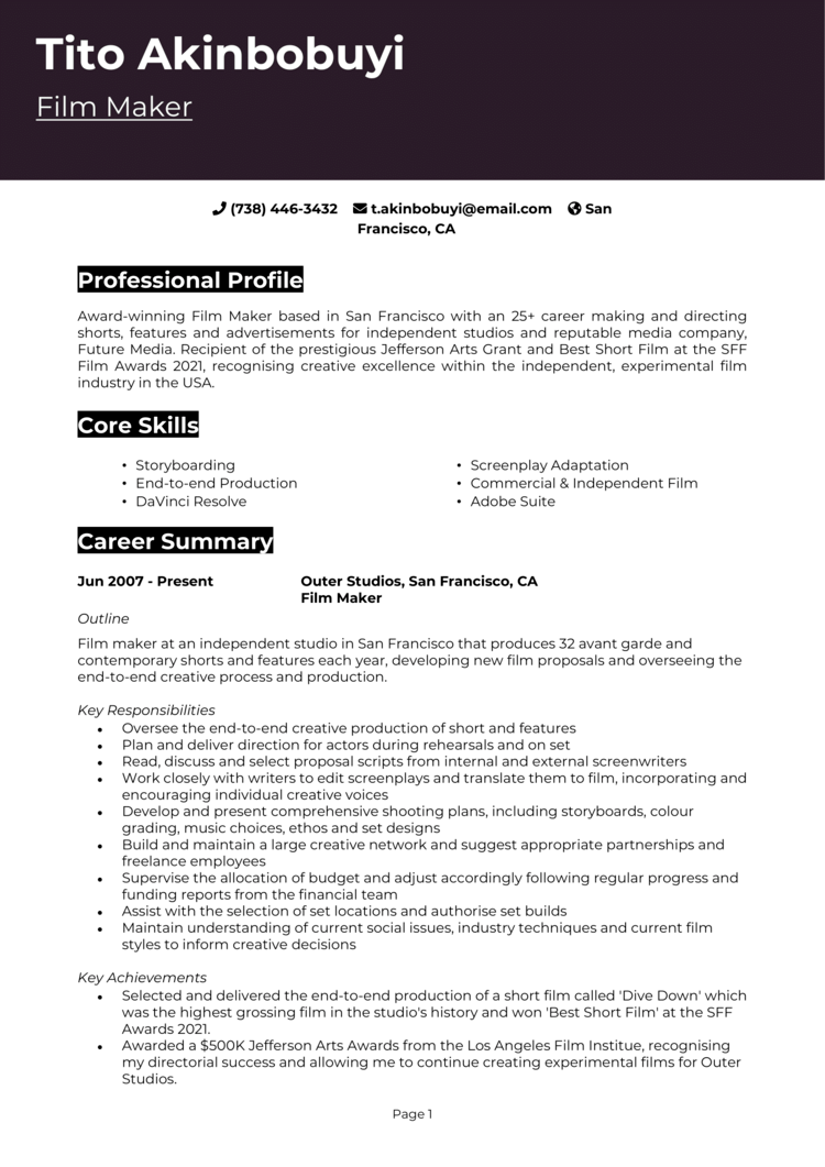 CV And Resume Samples With Free Download Unveil The Secrets Filmmaker.