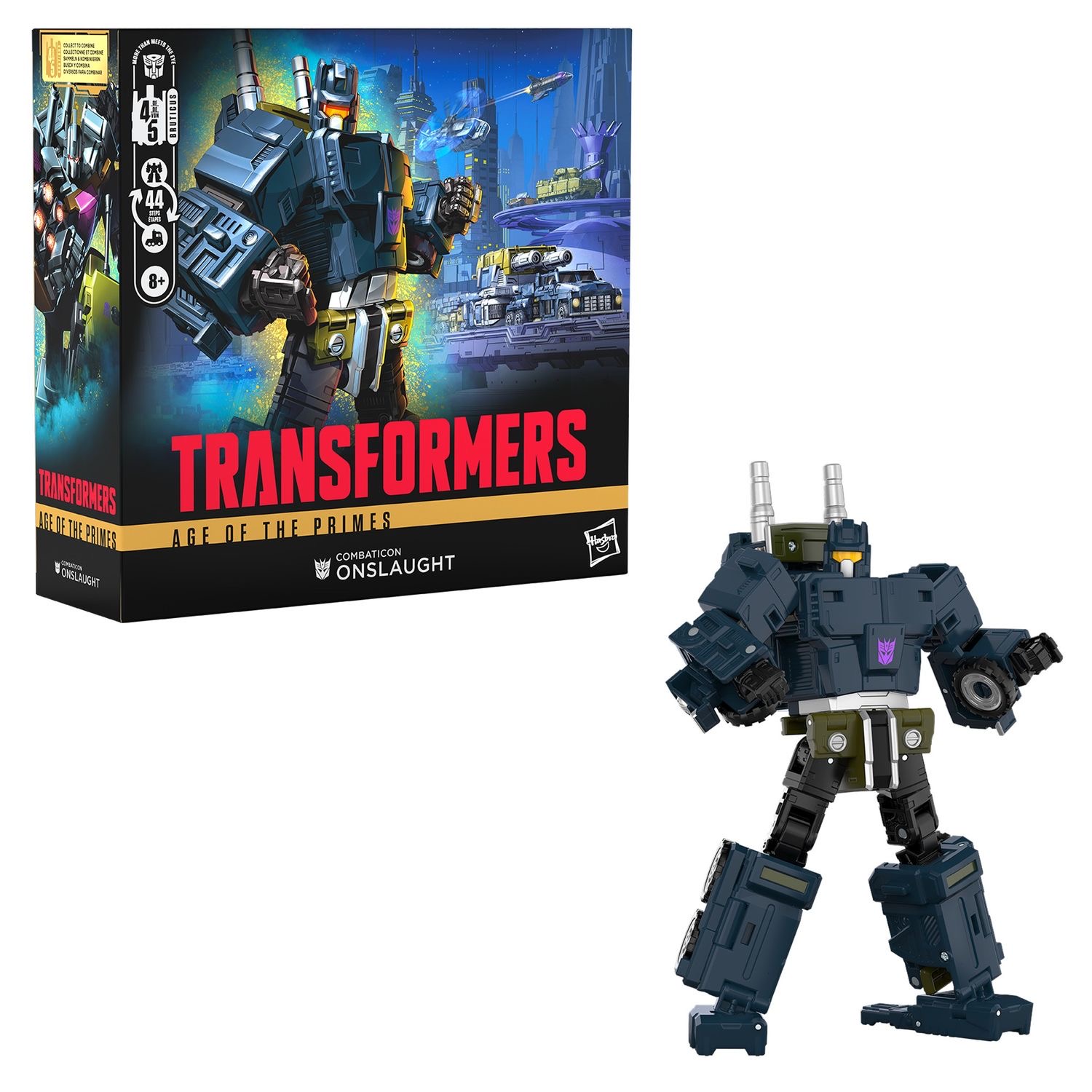 Product photo of Onslaught and packaging from the Transformers Age of the Primes action figure line.