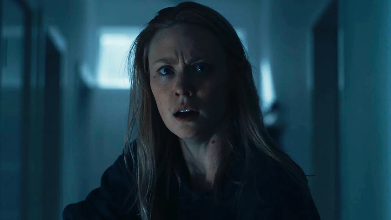 A startled Deborah Ann Woll in a scene from ‘The Cycle’, an upcoming horror film on Shudder.