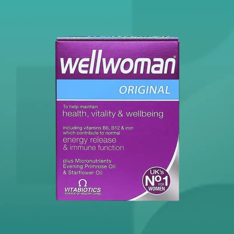 Vitabiotics Wellwoman Original vitamin pack in purple box with blue stripe formulated with B6 B12 iron and primrose oil to support energy release and immune health available at Star Pharmacy.