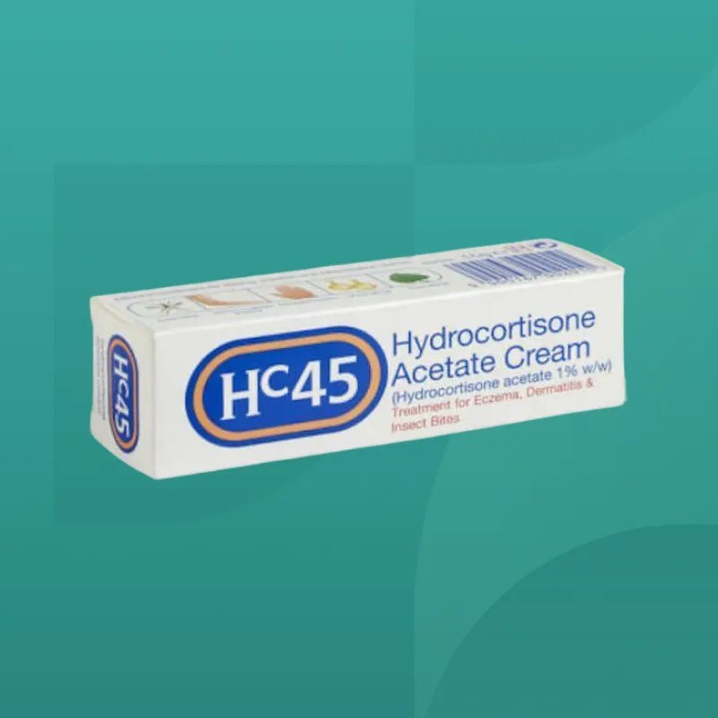 HC45 Hydrocortisone Acetate Cream box for eczema dermatitis and insect bites white and blue packaging containing 1 percent hydrocortisone acetate available from Star Pharmacy.