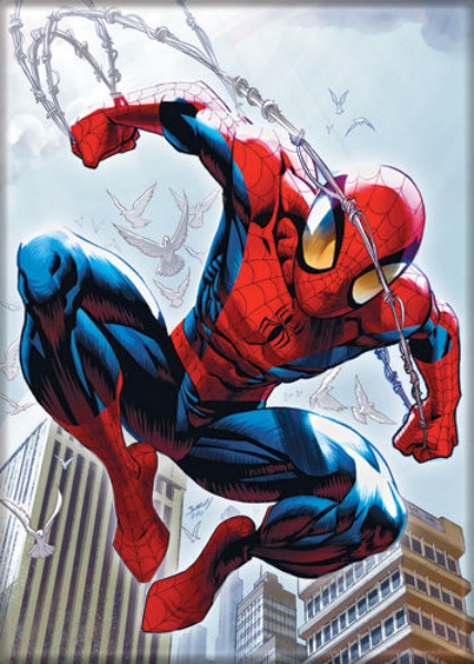 Marvel Comics Spider-Man Swinging In Blue Sky Refrigerator Magnet
