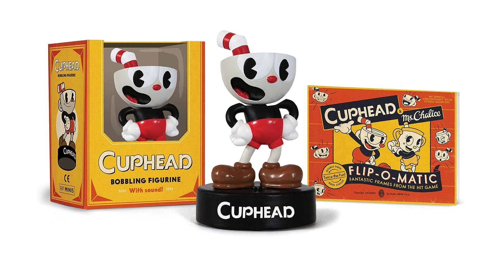 Cuphead Bobbling Figurine with Sound and Illustrated Mini Flip