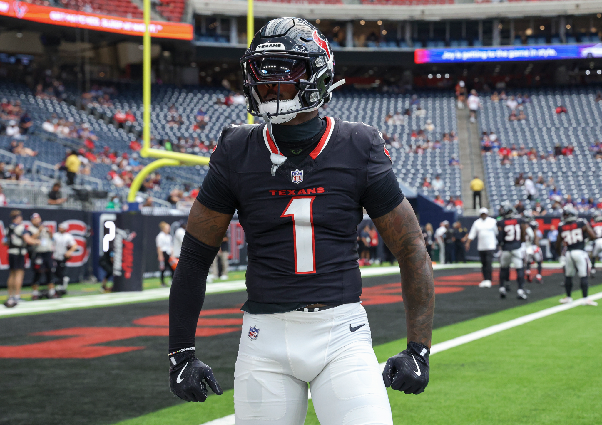 Aug 17, 2024; Houston, Texas, USA; Houston Texans wide receiver Stefon Diggs (1) before the game against the New York Giants at NRG Stadium. Mandatory Credit: Troy Taormina-USA TODAY Sports