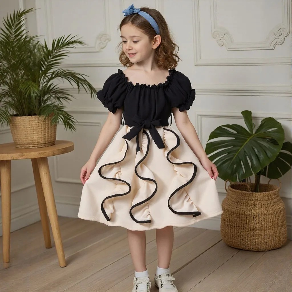 2025 Kids Girl Elegant Dress Summer Short Sleeve Apricot Toddler Princess Dresses Fashion Casual Children Dress 3 4 5 6 7 Yrs