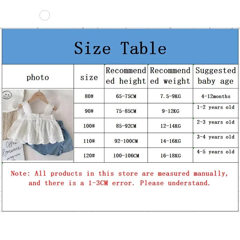 Girls Outfit Sets Summer Kids Clothes Girls Lace Edge Pure White Baby Girl Casual White Suspender+Denim Skirt Children's - Image 2