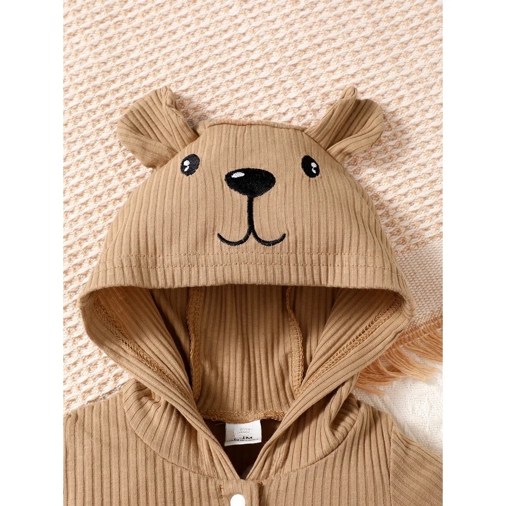 0-9 Months Newborn Baby Boy Girl Ribbed Brown Short Sleeve Bear Print Hooded Romper Fashion Lovely Jumpsuit Photograph Outfit - Image 2