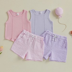 Toddler Kid Girls Summer Clothing Children Outfit Sets Sleeveless Solid Color Irregular Hem Tank Tops Stripe Shorts Suit