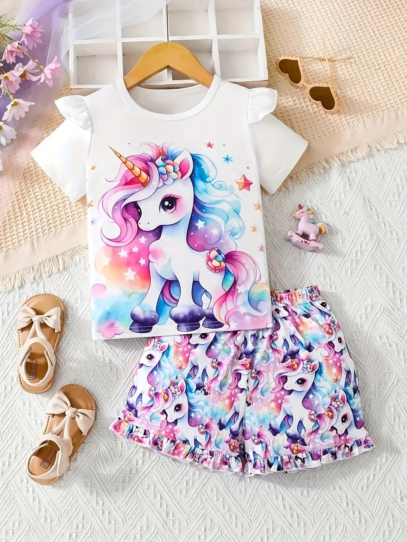 1-3 year old infants, toddlers, and girls summer style cartoon pony short sleeved pullover top and matching printed shorts