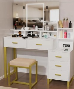 Vanity Set with Tri-fold Makeup Mirror, Large Vanity Desk Makeup Vanity with 3-Color Adjustable Touch Light