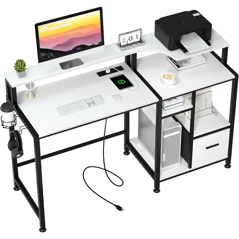 GreenForest-Computer-Desk-with-Drawers-and-Power-Outlet-55-inch-Office-Desk-with-Printer-Shelf-Monitor