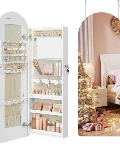 Wide Jewelry Organizer, LED Jewelry Cabinet Wall/Door Mounted, Arched Mirror with Storage, Lockable, Rounded Corner, Interior
