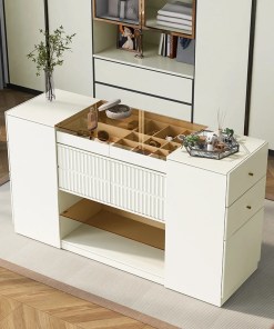 Modern Luxury Multi-Functional Island Vanity Dresser and Storage Cabinet with Glass Tabletop, Display Shelf,6 Drawers for Walk-i