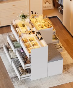 Armoire Bedroom Island, Wardrobe Closet Island Dresser with Glass Showcase, Charging & 3 Color LED Light, Island Dresser