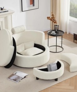 Swivel Chair with Half Moon Storage Ottoman, Round Oversized Swivel Barrel Chair with Base Storage for Living Room