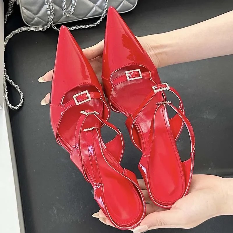 Eilyken Sexy Patent Leather Women Slippers Pumps Sandals Designer Narrow Band Thin Heel Pointed Toe Slingback Mules Shoes - Image 2