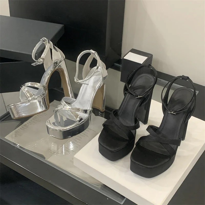 Eilyken Summer Extreme High Heels Square Toe Platform Sandals Women Fashion Narrow Band Buckle Strap Dress Party Shoes - Image 5