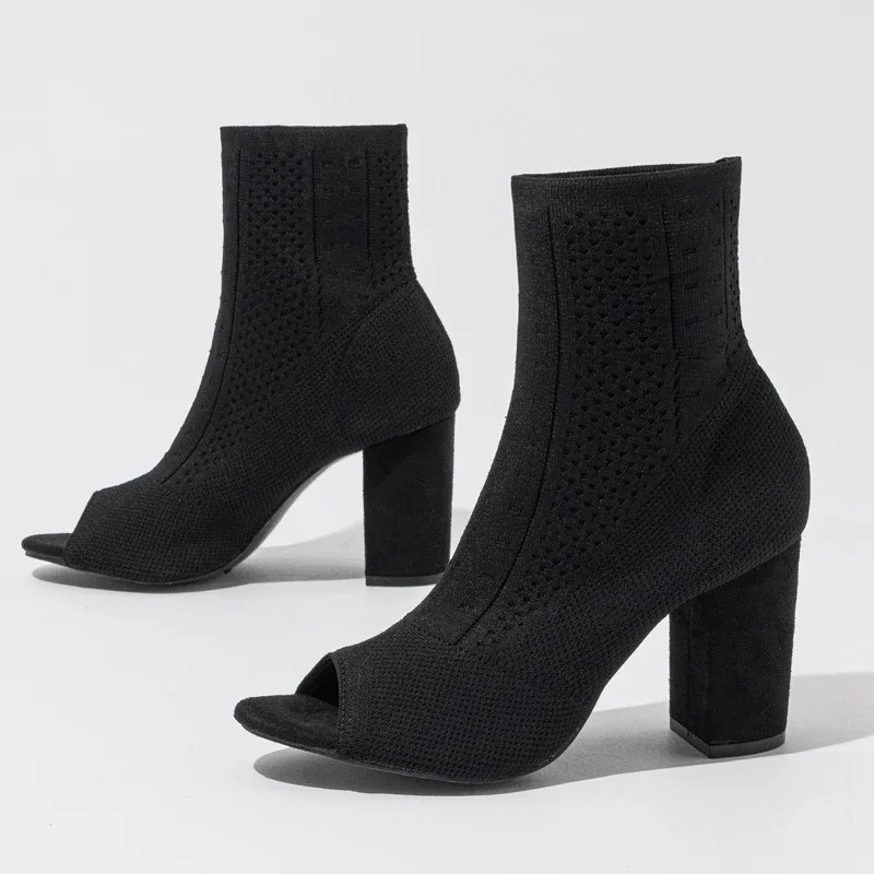 Eilyken New Design Peep Toe Cosy Stretch Fabric Women Ankle Boots Sandals Spring Square High Heels Party Ladies Shoes