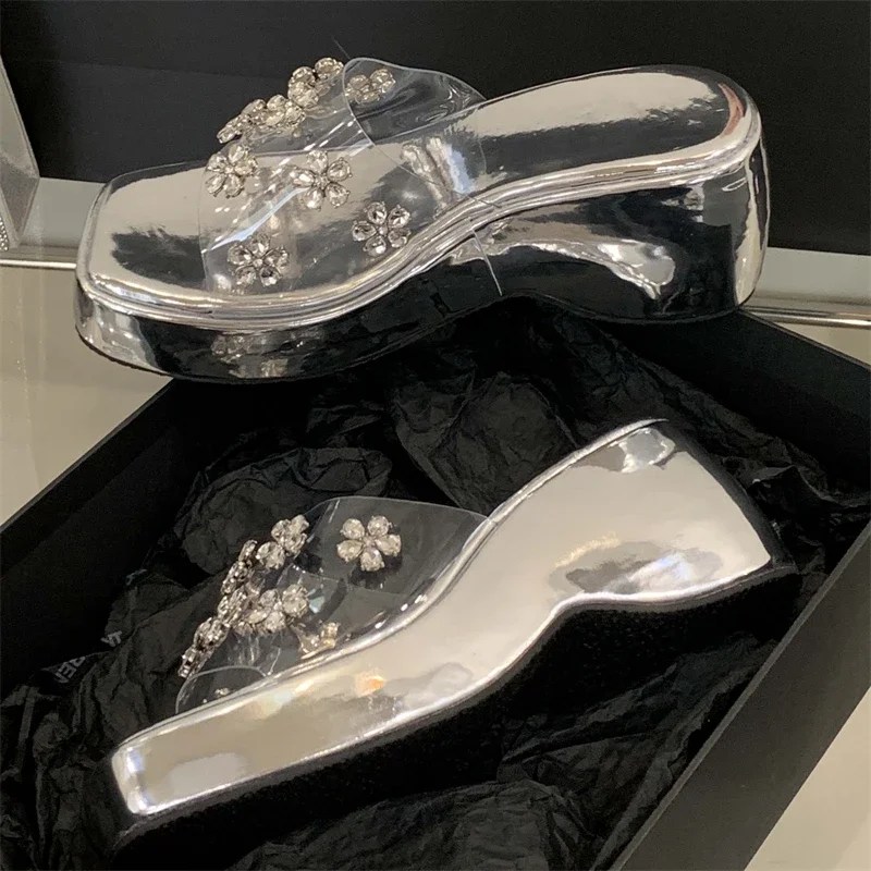Eilyken Summer CRYSTAL Flower PVC Transparent Women Slippers Fashion Solid Platform Wedges Heels Square Toe Sandals Shoes - Image 4