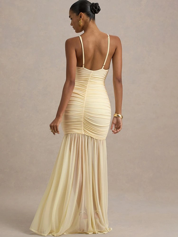 JULISSA MO Patchwork Sexy V-neck Ruched Women Maxi Dress Yellow Backless High Waist Dress Summer New Elegant Party Evening Dress - Image 3