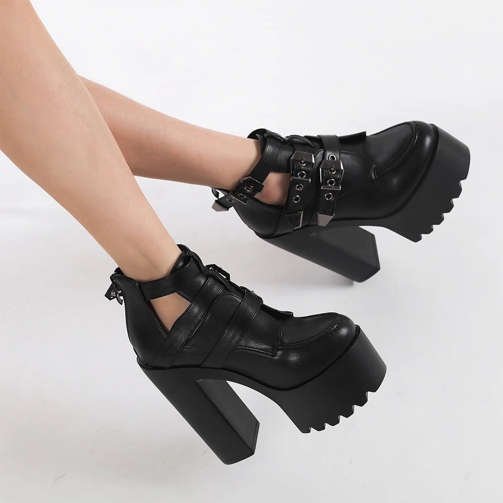 Gdgydh Women Block Heeled Ankle Boots with Buckle Strap Dress Style for Parties Back Zipper Hollow Out Platform Boots - Image 2