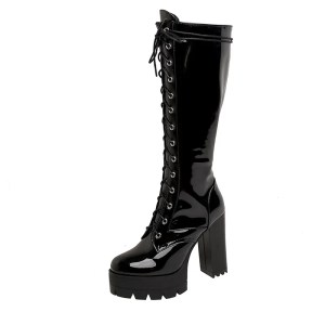 Patent Leather White Knee High Boots Lace Up Ladies Platform Boots High Heels Fashion Nightclub Patry Shoes Wholesale