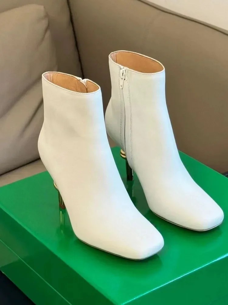 Women's New Metal Shaped Thin High Heel Short Boots Fashion Square Head Side Zipper Women's Ankle Boots Autumn/Winter - Image 2