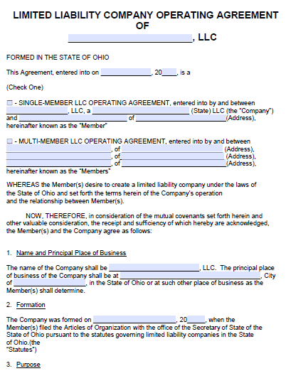 Free Ohio Llc Operating Agreement Template Pdf Word Start Your Small Business Today