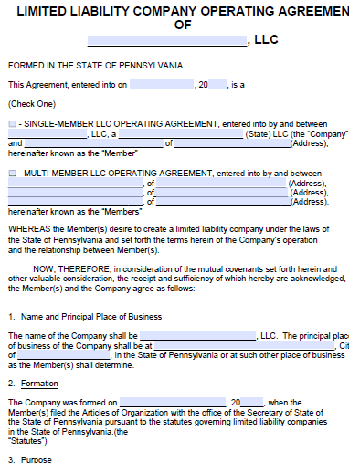 Free Pennsylvania Llc Operating Agreement Template Pdf Word Start Your Small Business Today