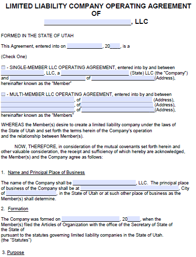 Free Utah Llc Operating Agreement Template Pdf Word Start Your Small Business Today