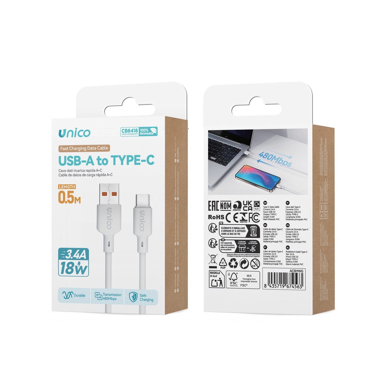 Unico cavo ricarica usb to type c 0.5 mt 3.4a