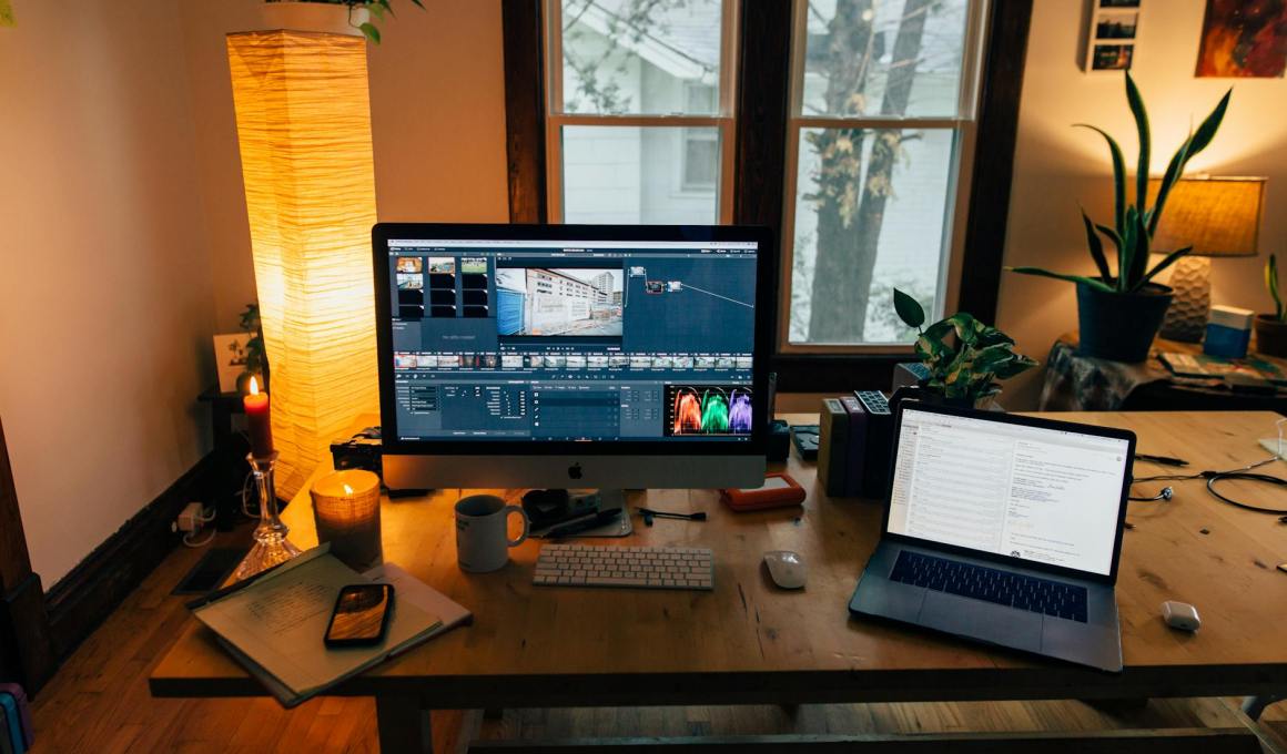 modern workplace with gadgets in cozy room with soft light
