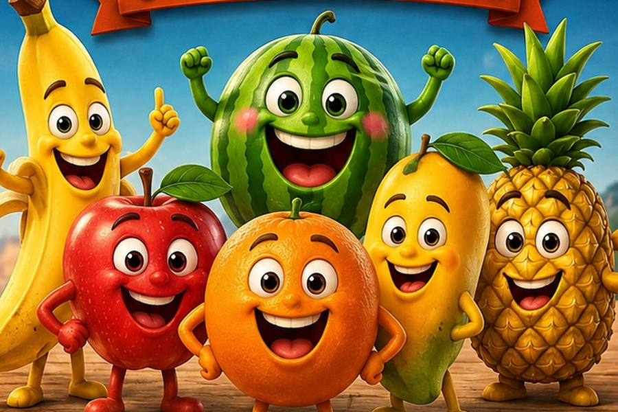Cartoon banana, apple, orange, watermelon, mango and pineapple characters