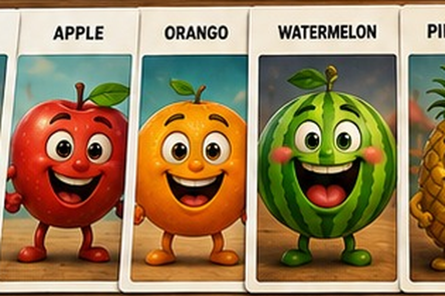 Character cards for the talking fruit cast