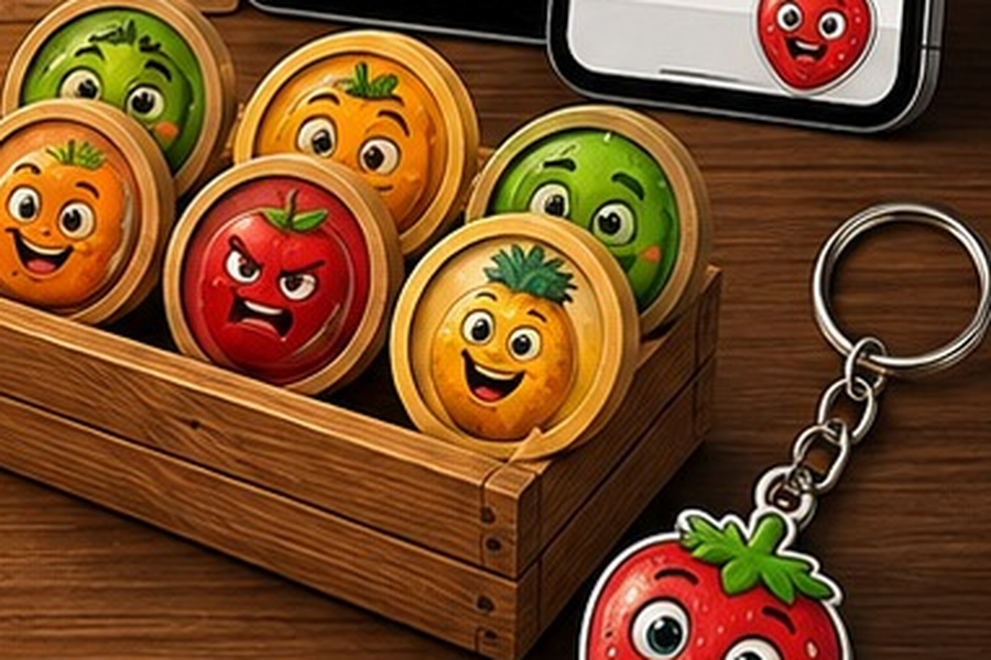 Fruit character coins and keychain bonus assets