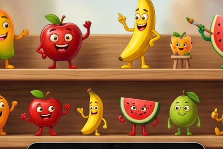 Shelf lined with talking fruit characters from the bundle