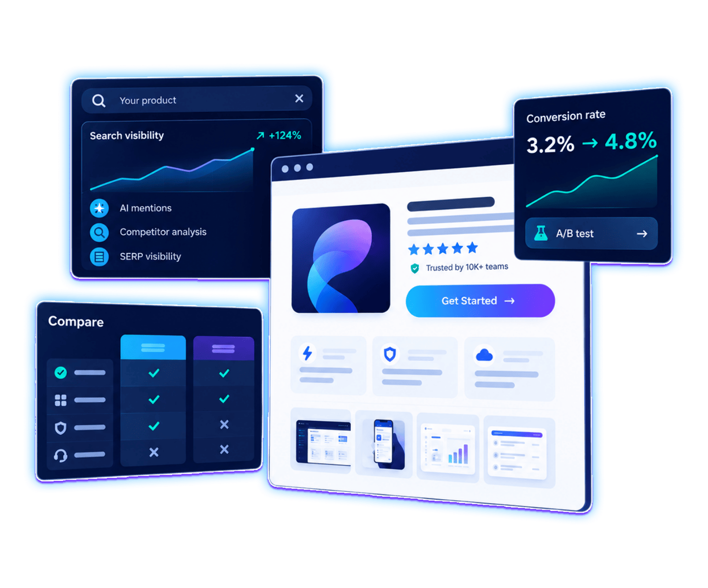 Illustration of a multi-panel product dashboard with graphs, a website mockup, and a prominent Get Started button in blue-purple tones.