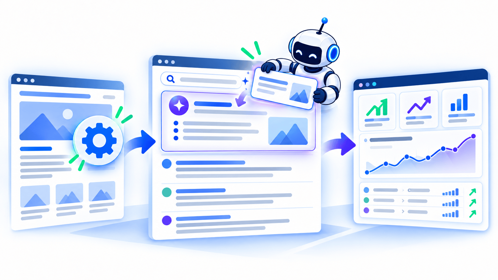 Robot assistant presenting data dashboards with charts and graphs across three panels