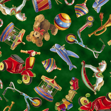 Christmas Tossed Toys in Forest Green from Santa's Night Out by QT Fabrics