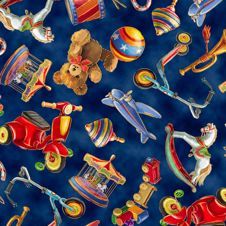 Christmas Tossed Toys in Navy Blue from Santa's Night Out by QT Fabrics