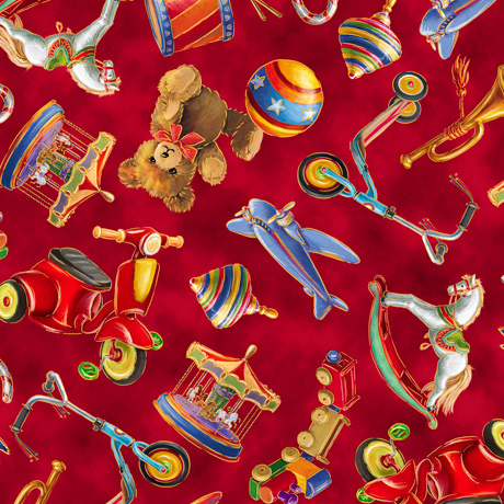 Christmas Tossed Toys in Red from Santa's Night Out by QT Fabrics