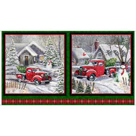 QT Fabrics Red Truck Christmas Pics Panel Cotton Fabric from The Winter Greetings Collection